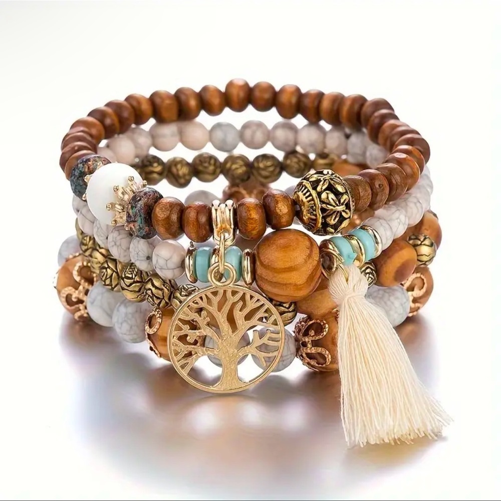 Bohemian Beaded Bracelet Set with Tree of Life Charm